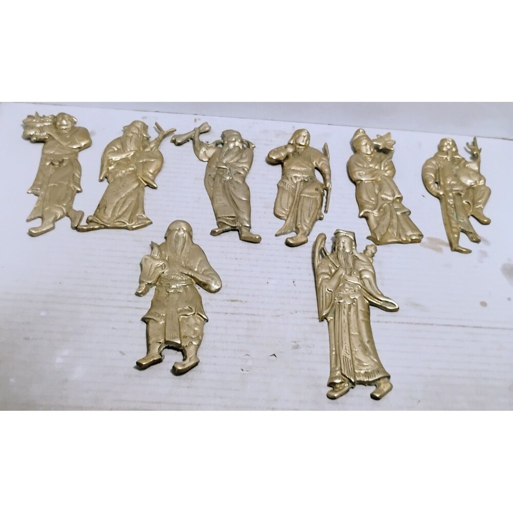 BA XIAN THE EIGHT IMMORTALS OF LONGEVITY BRASS WALL HANGING DECOR FIGURE SET